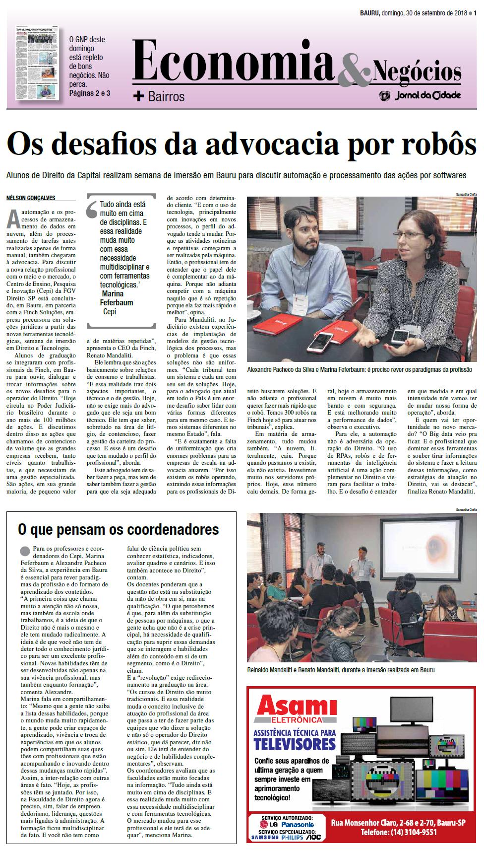 Evento da Finch Soluções com a FGV é destaque no Jornal da Cidade - Bauru